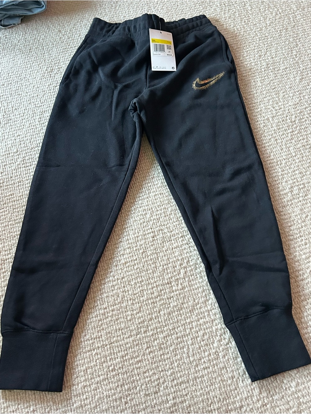 Nike Black Kids Jogger Sweatpants with Metallic Gold Swoosh